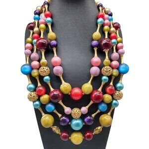 Multistrand Orb Bib Statement Necklace Multicolors Bright Many Plastic Big Beads
